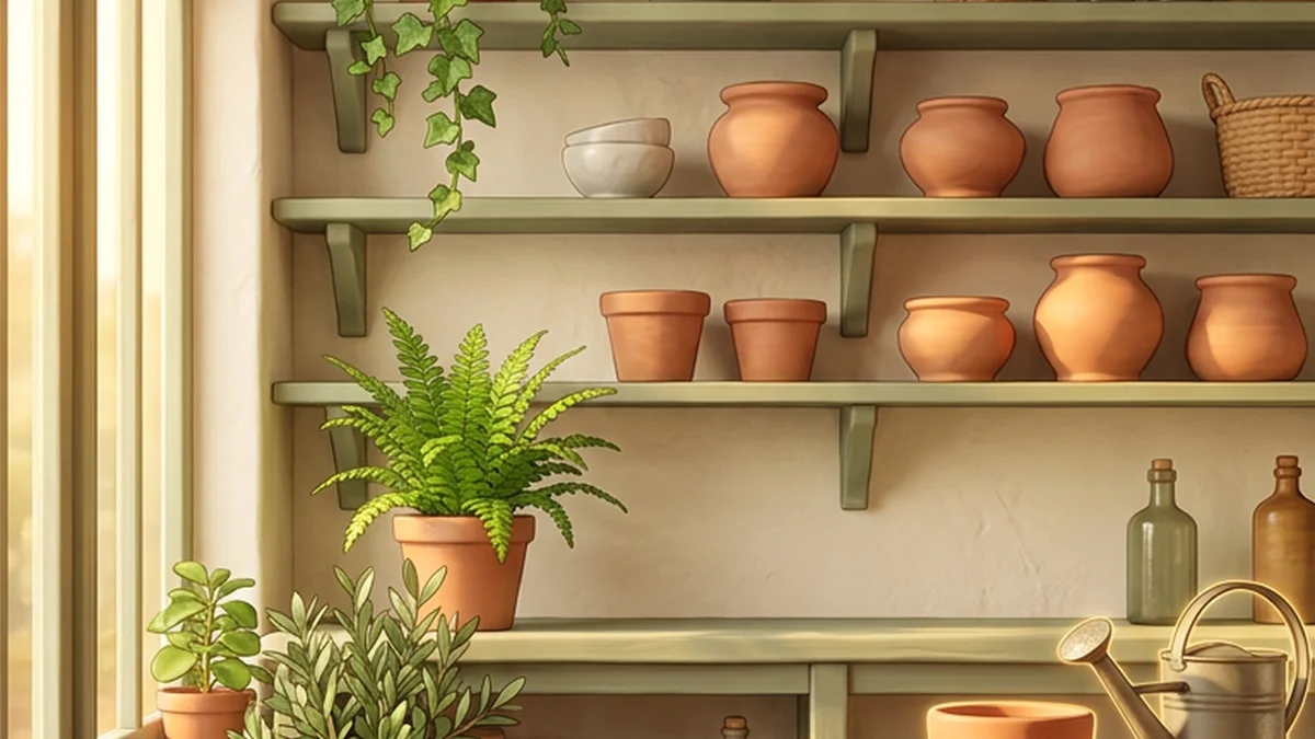 La véranda de la Pension des Plantes baignée de lumière dorée, ses étagères vert sauge couvertes de pots en terre cuite