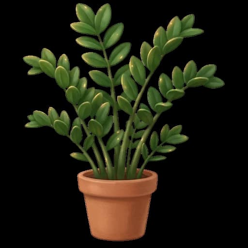 Portrait d'un zamioculcas en pot, tiges arquées et folioles vert foncé luisantes, la silhouette graphique typique de cette plante quasi increvable